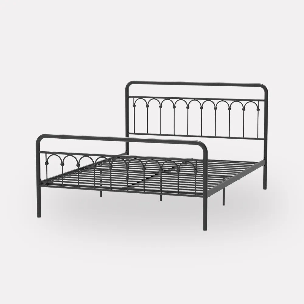 Classic Metal Platform Bed Frame Mattress Foundation with Victorian Style Iron-Art Headboard, Queen Size, Black