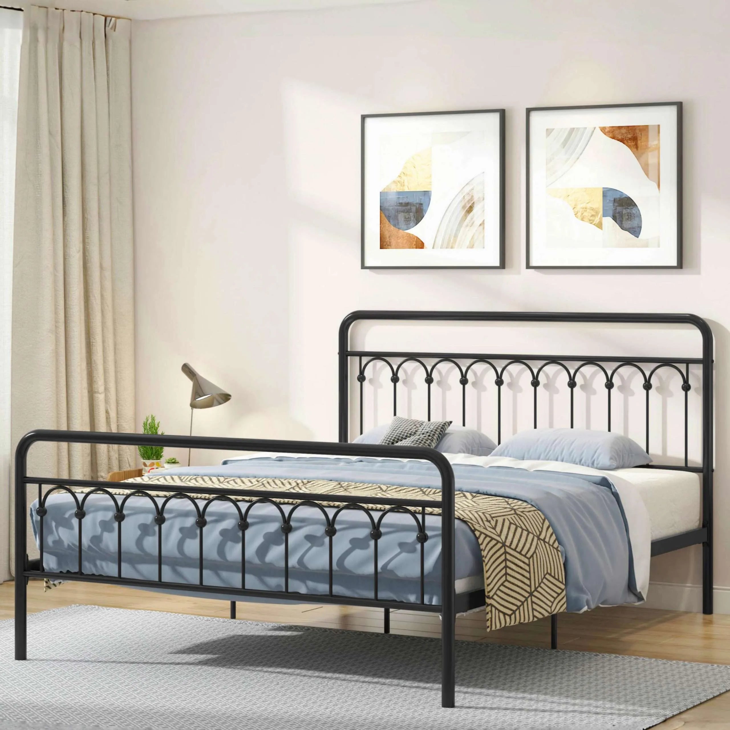 Classic Metal Platform Bed Frame Mattress Foundation with Victorian Style Iron-Art Headboard, Queen Size, Black
