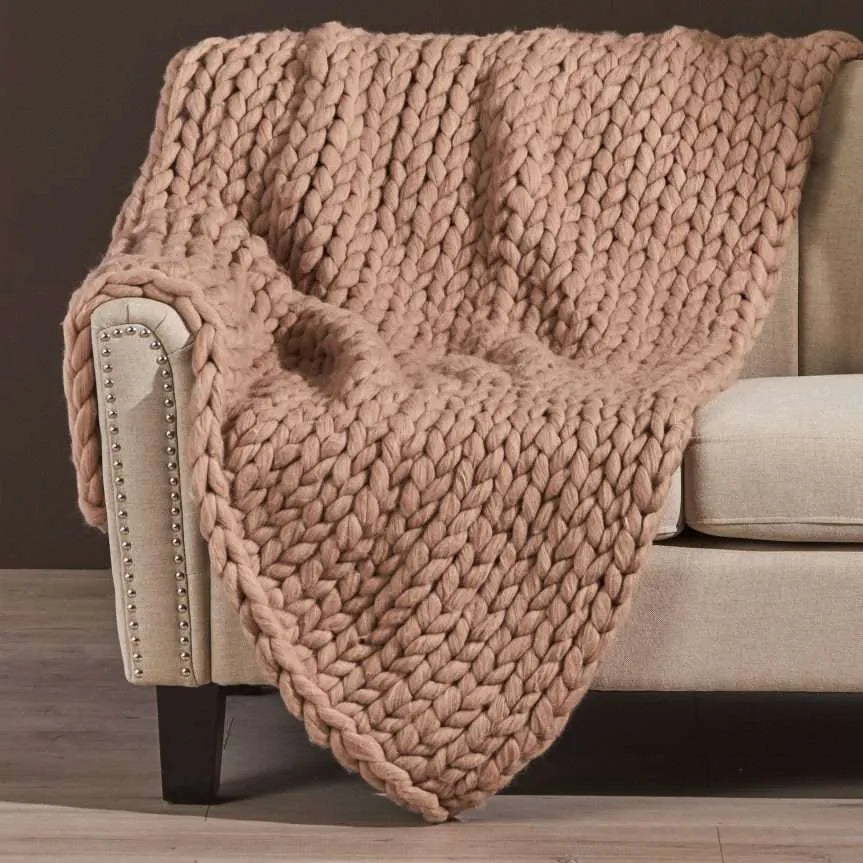 Blinddarm Chunky Knit Blanket Throw 50"x60", 100% Hand Knit Chenille Throw Blanket Reversible Design for Sofa & Home Decor, Brown
