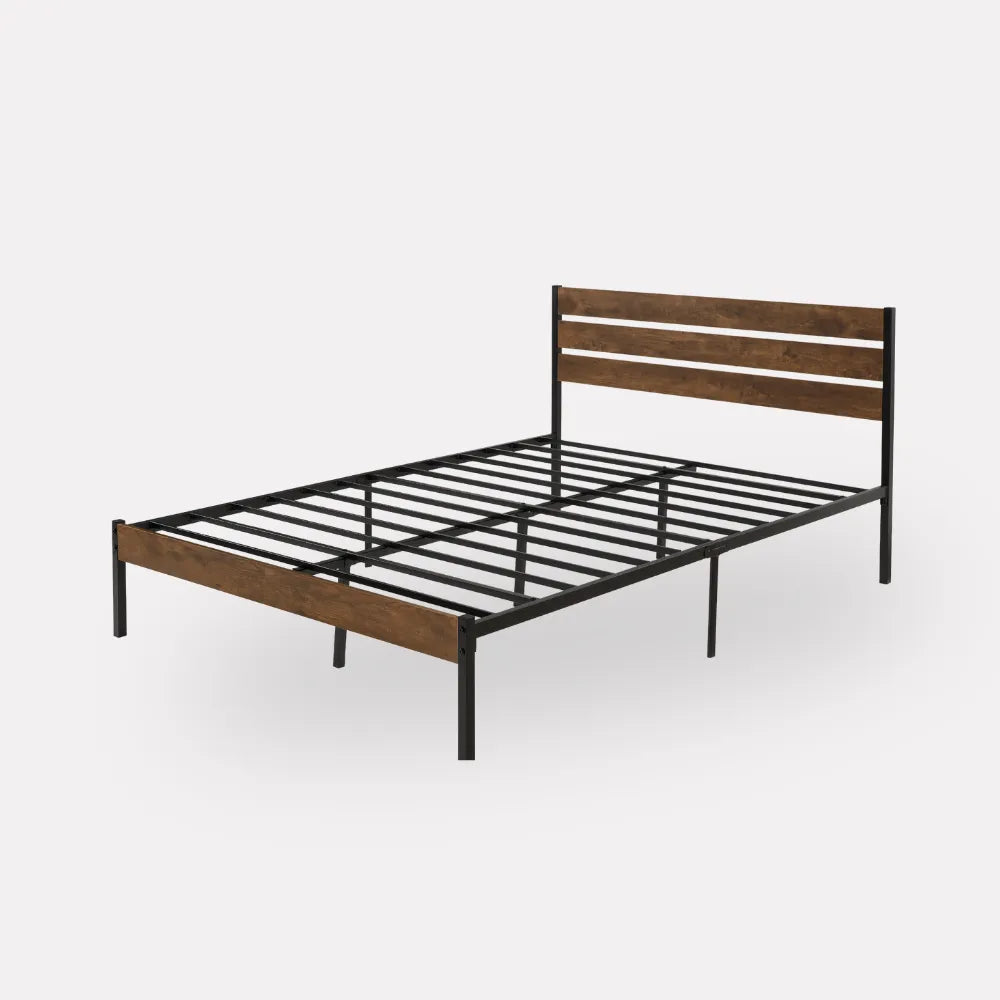 Blinddarm Queen Bed Frame, Wood Headboard Metal Frame Platform Bed Queen Size with Sturdy Slats, Brown