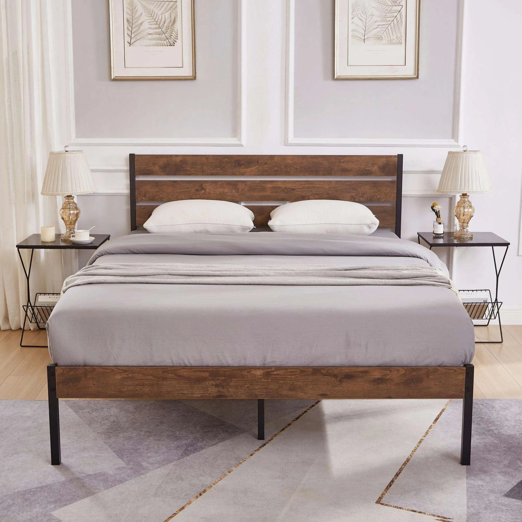 Blinddarm Queen Bed Frame, Wood Headboard Metal Frame Platform Bed Queen Size with Sturdy Slats, Brown
