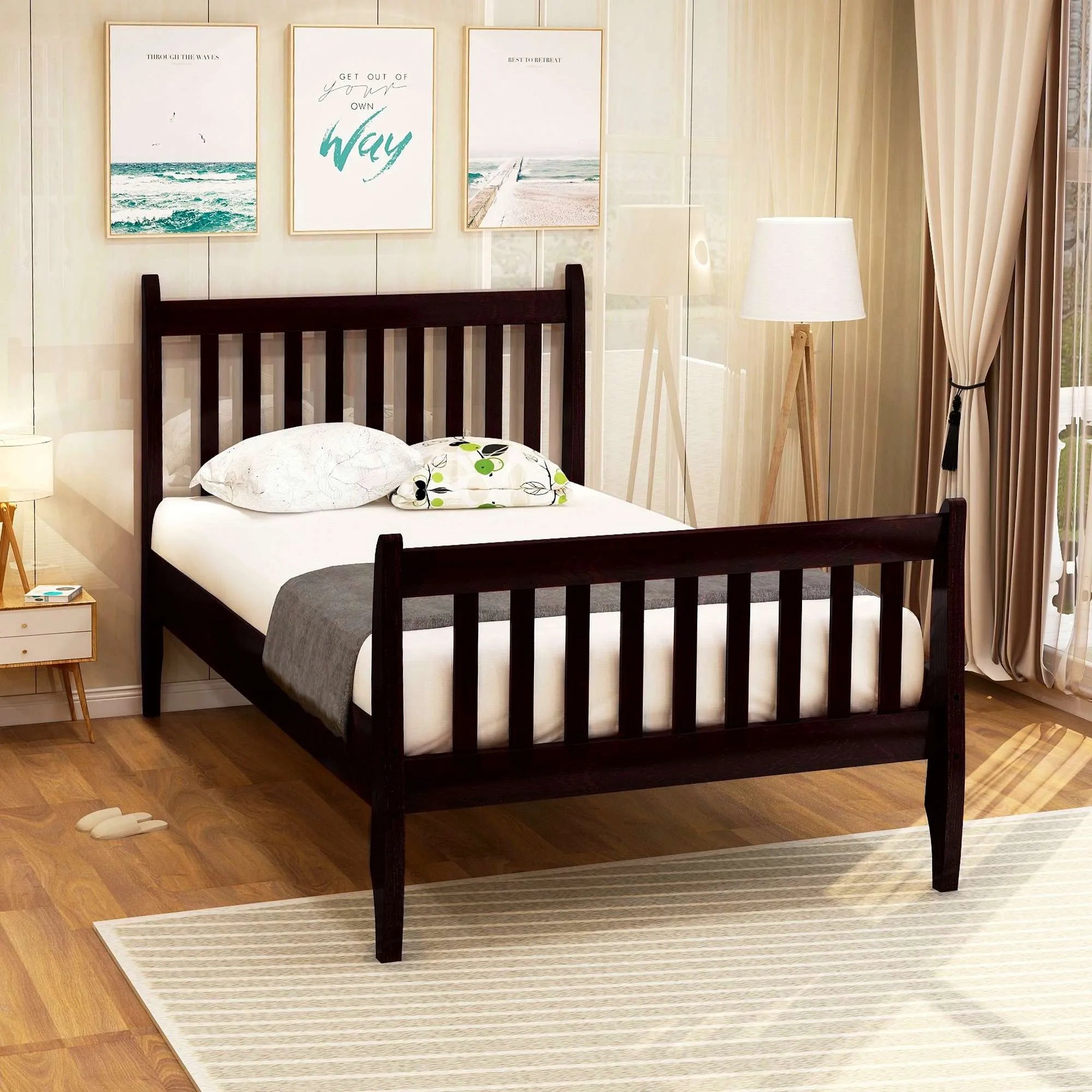Twin Wood Platform Bed Frame with Wood Slat Support – Modern Design – Espresso