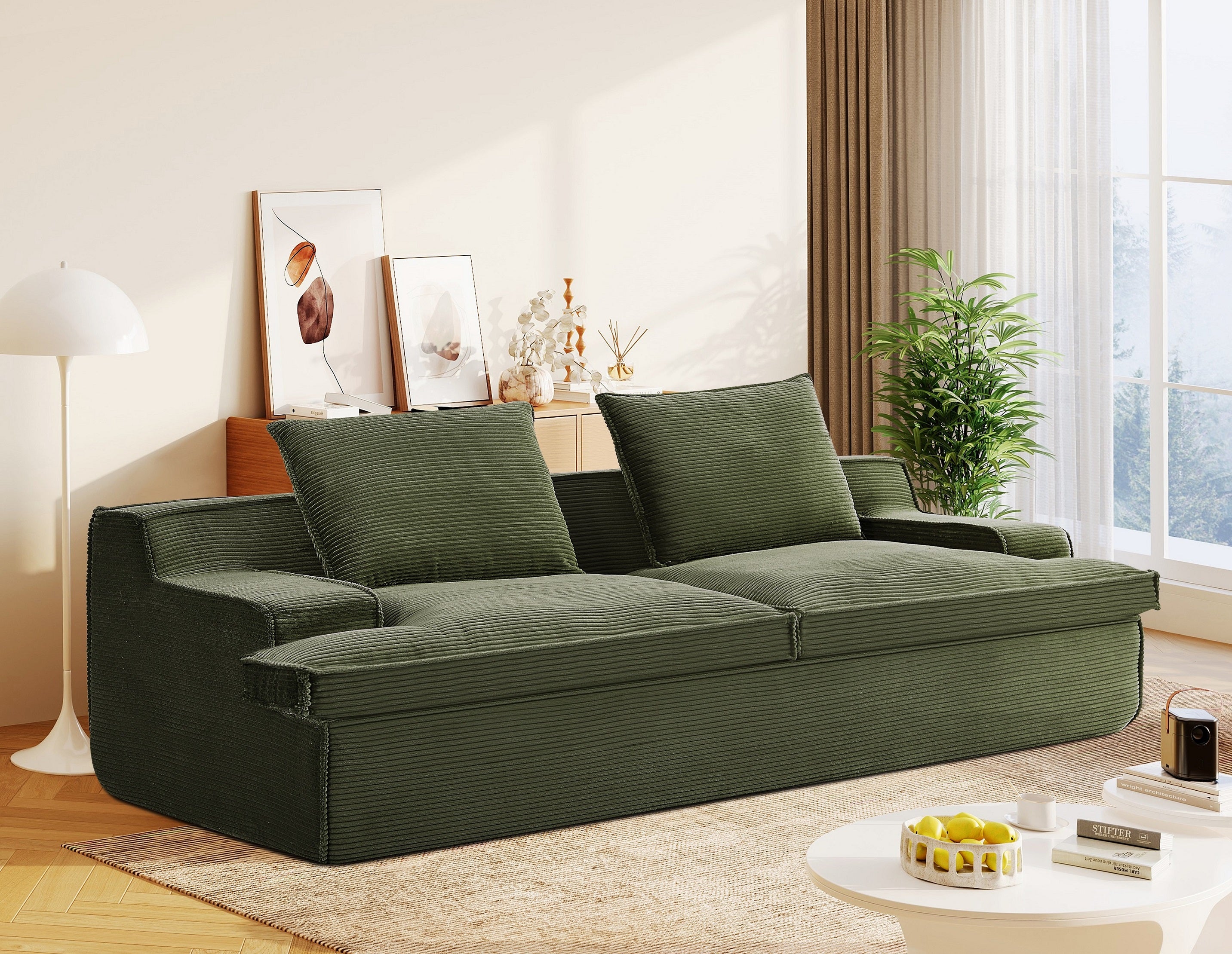 Oversized Full Foam 4 Seater Couch for Living Room Upholstered in Soft Corduroy Fabric, Wide Armrests, Ergonomic Compressed Sofa in a Box, No Assembly, Green