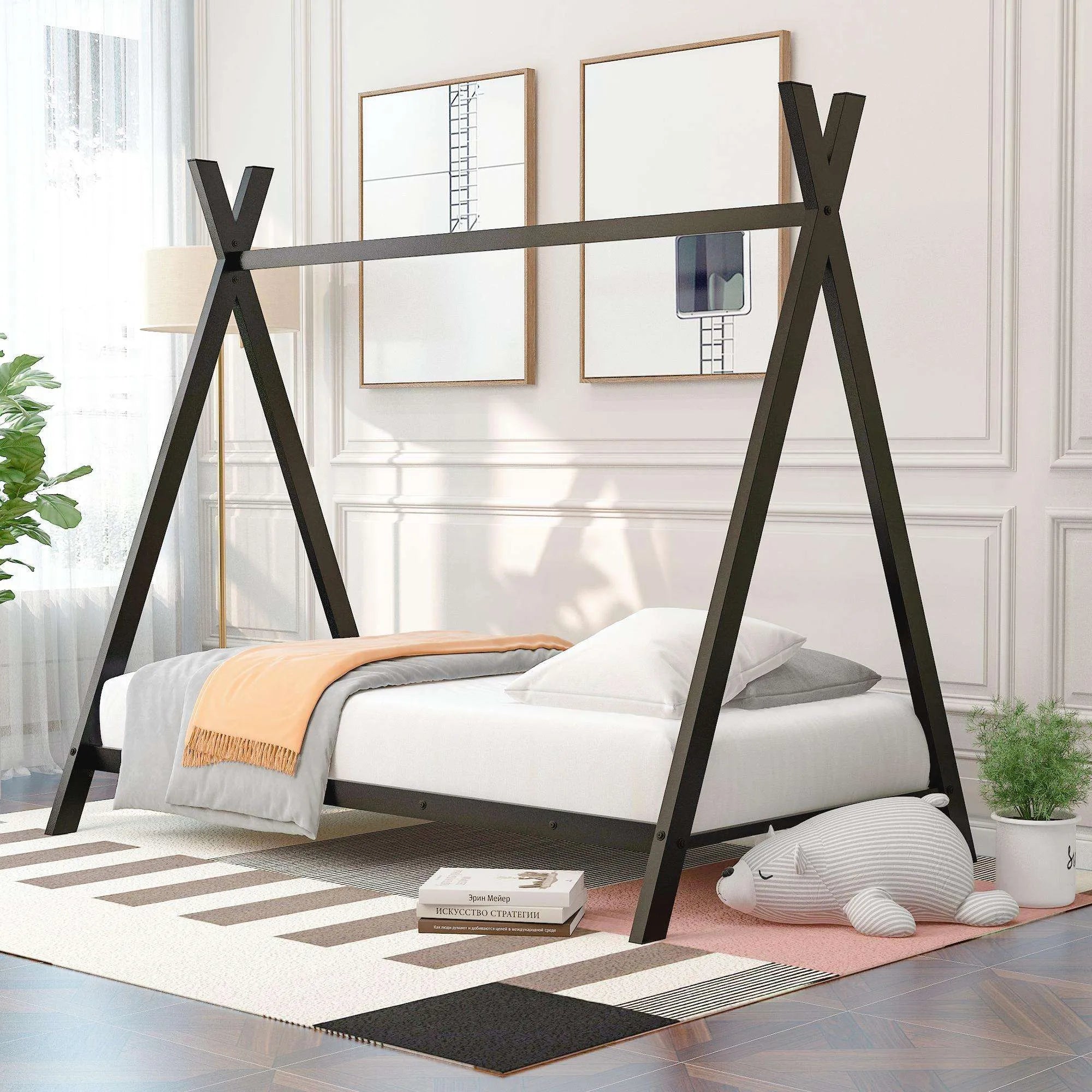 Bilddarm Twin Size Floor Bed Frame for Kids, Metal Montessori Floor Bed, Twin House Bed for Kids Girls Boys, Twin Tent Beds, Black