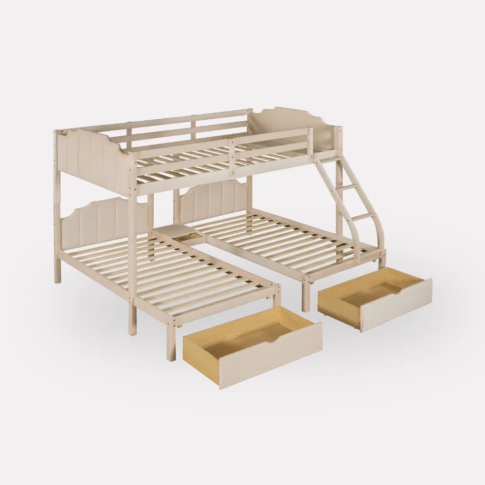 Blinddarm Twin Over Twin & Twin Bunk Bed, Triple Bunk Beds with 2 Storage Drawers for Kids Teens, Beige