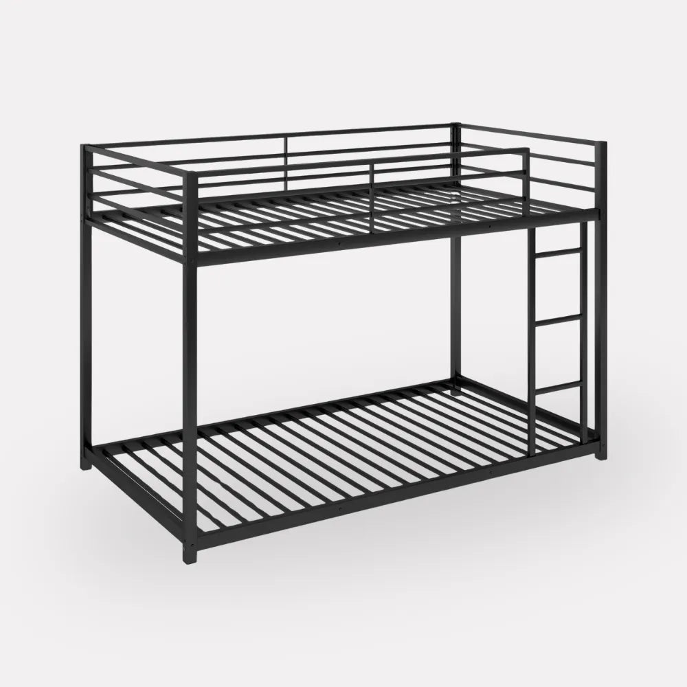 Twin Metal Bunk Bed with Ladder, Low Design, Sturdy Steel, Black