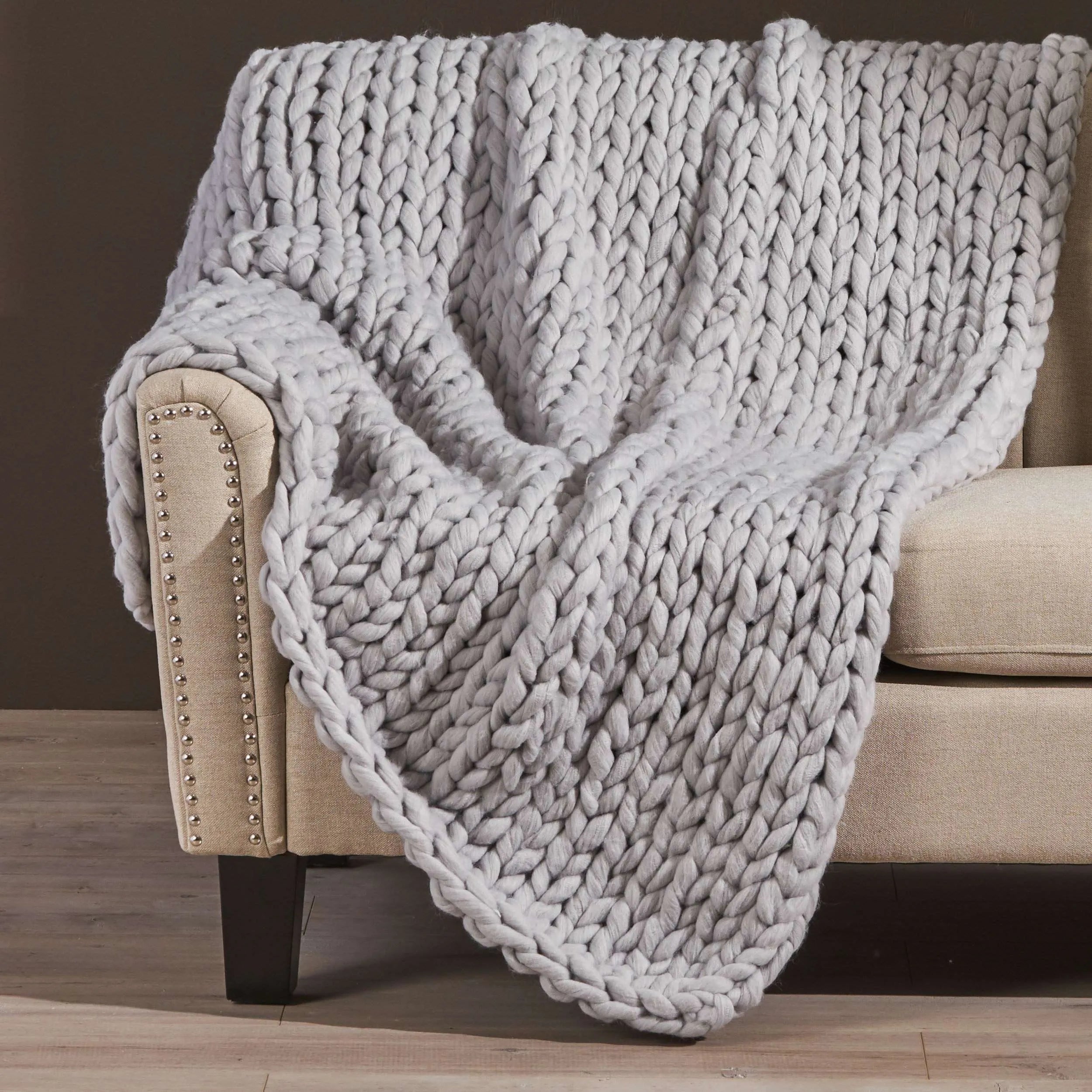Blinddarm Chunky Knit Blanket Throw 50"x60", 100% Hand Knit Chenille Throw Blanket Reversible Design for Sofa & Home Decor, Light Gray