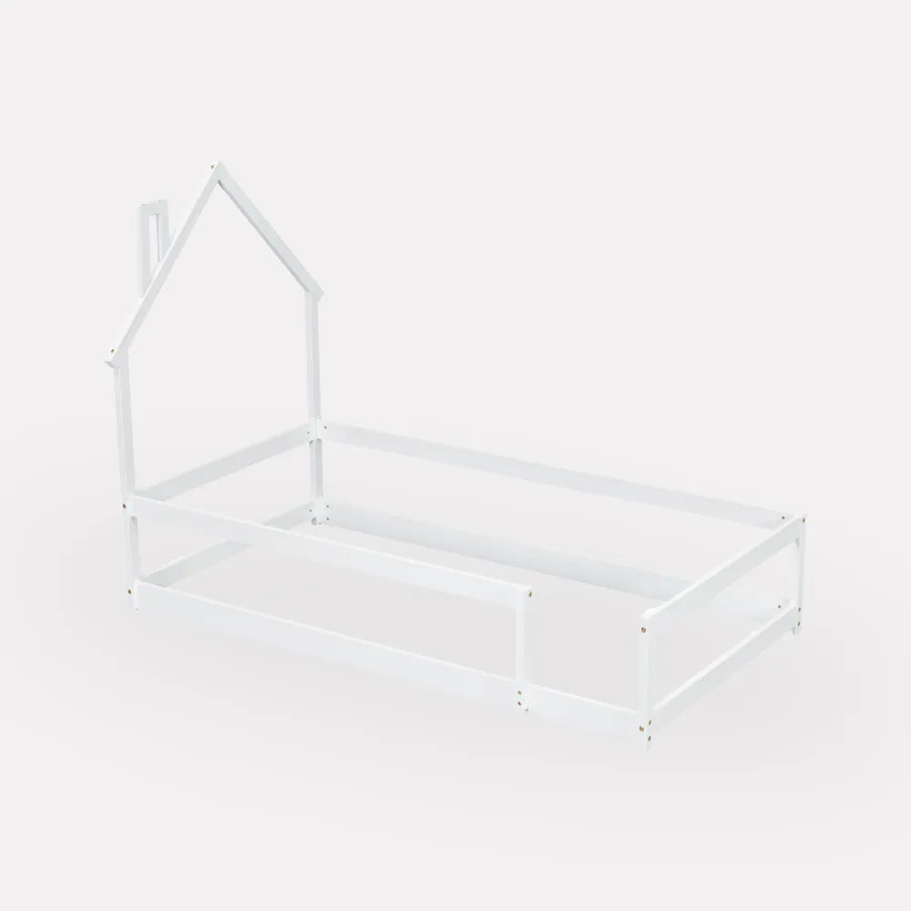 Blinddarm Twin Size Bed Frame Wood Bed with House-shaped Headboard, Floor Bed with Fences, White