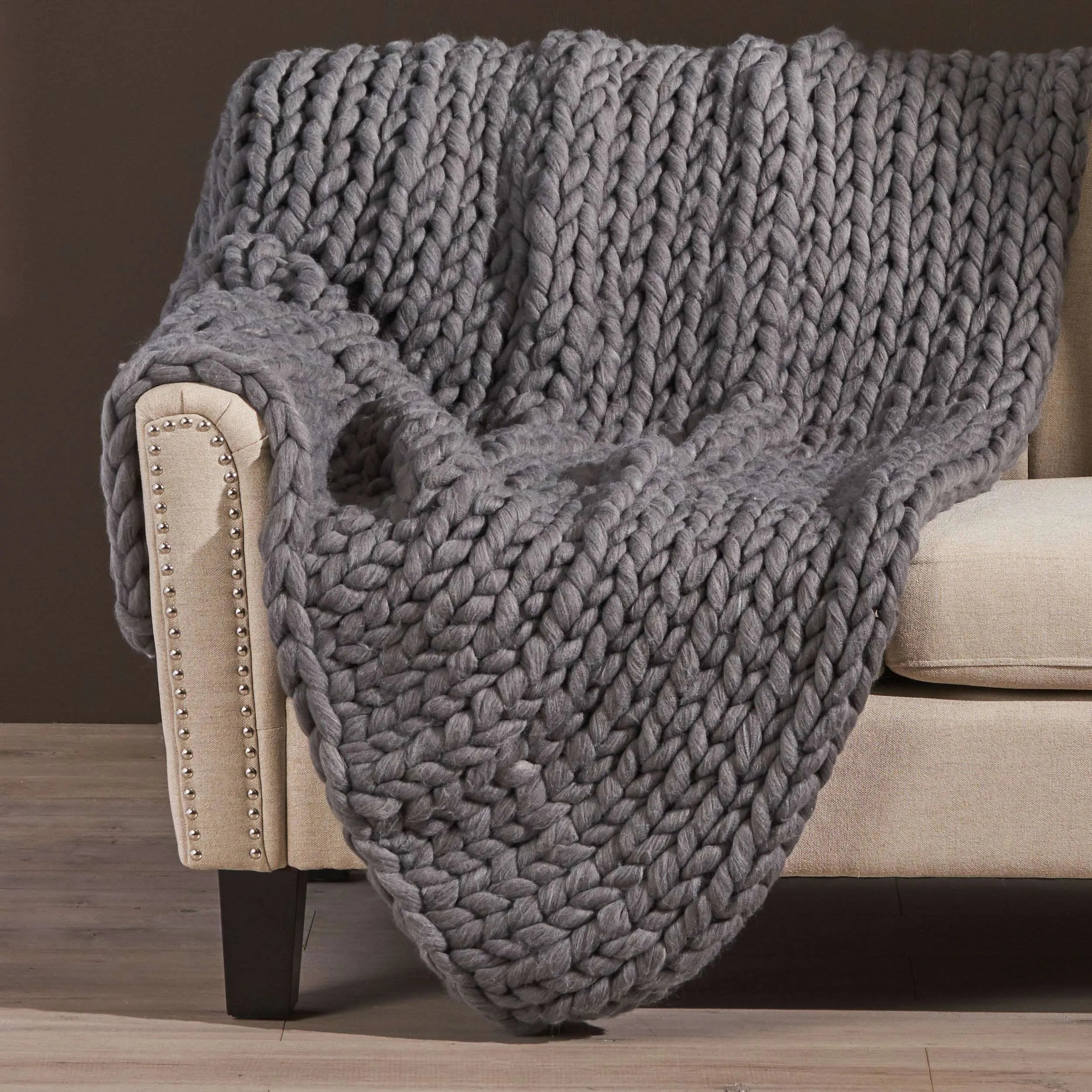 Blinddarm Chunky Knit Blanket Throw 50"x60", 100% Hand Knit Chenille Throw Blanket Reversible Design for Sofa & Home Decor, Dark Gray