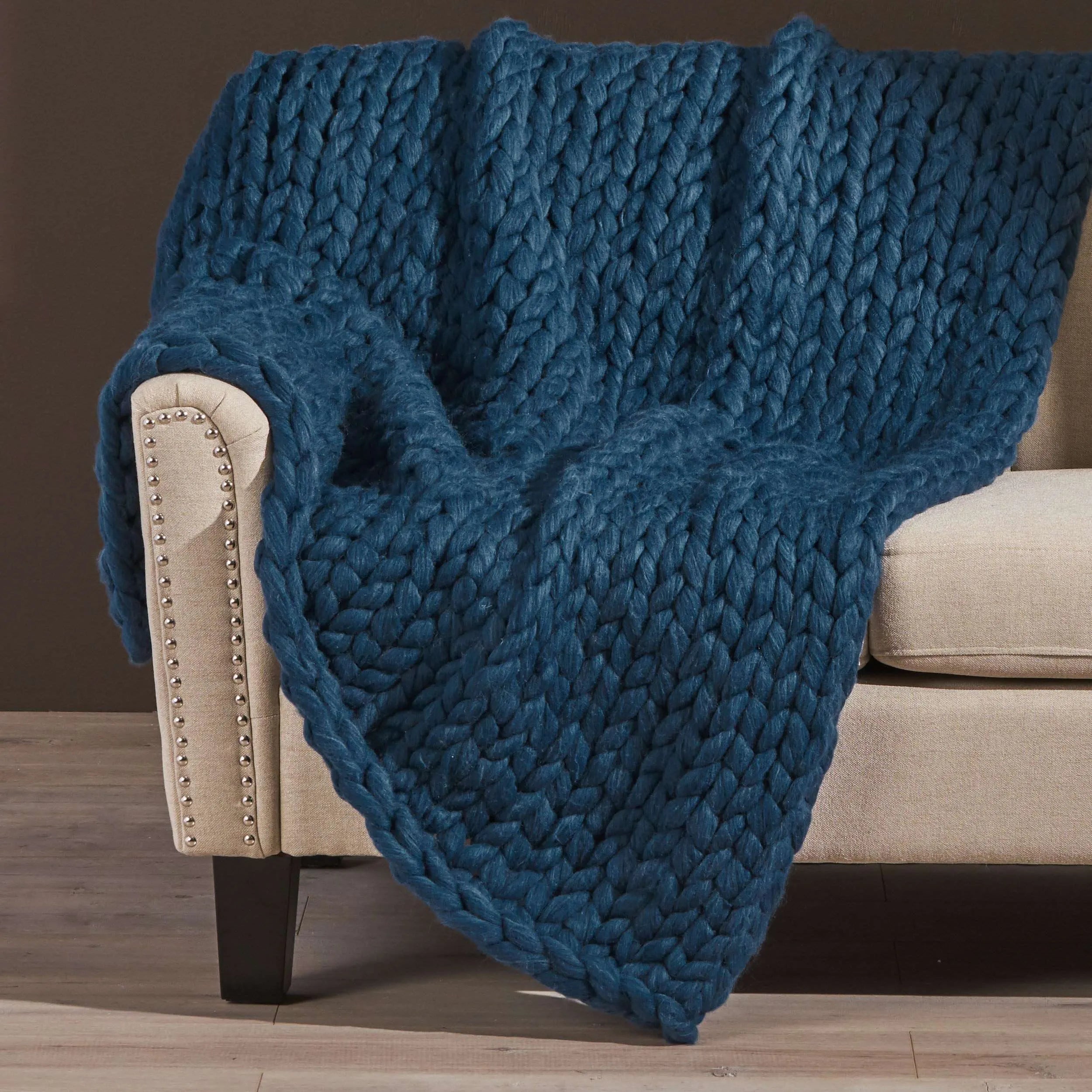 Blinddarm Chunky Knit Blanket Throw 50"x60", 100% Hand Knit Chenille Throw Blanket Reversible Design for Sofa & Home Decor, Royal Blue