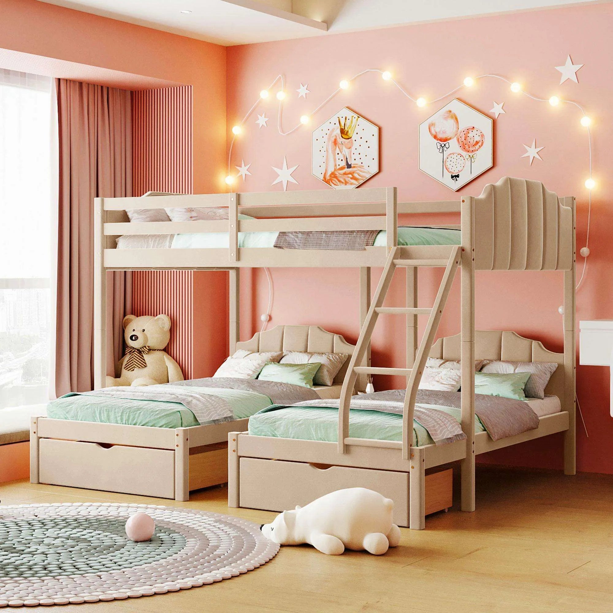 Blinddarm Twin Over Twin & Twin Bunk Bed, Triple Bunk Beds with 2 Storage Drawers for Kids Teens, Beige
