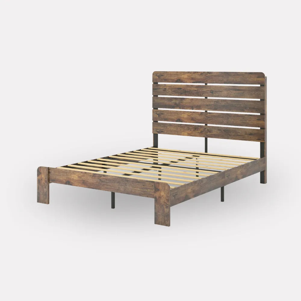 Wooden Full Size Bed Frame with Headboard, Noise Free, Vintage Brown