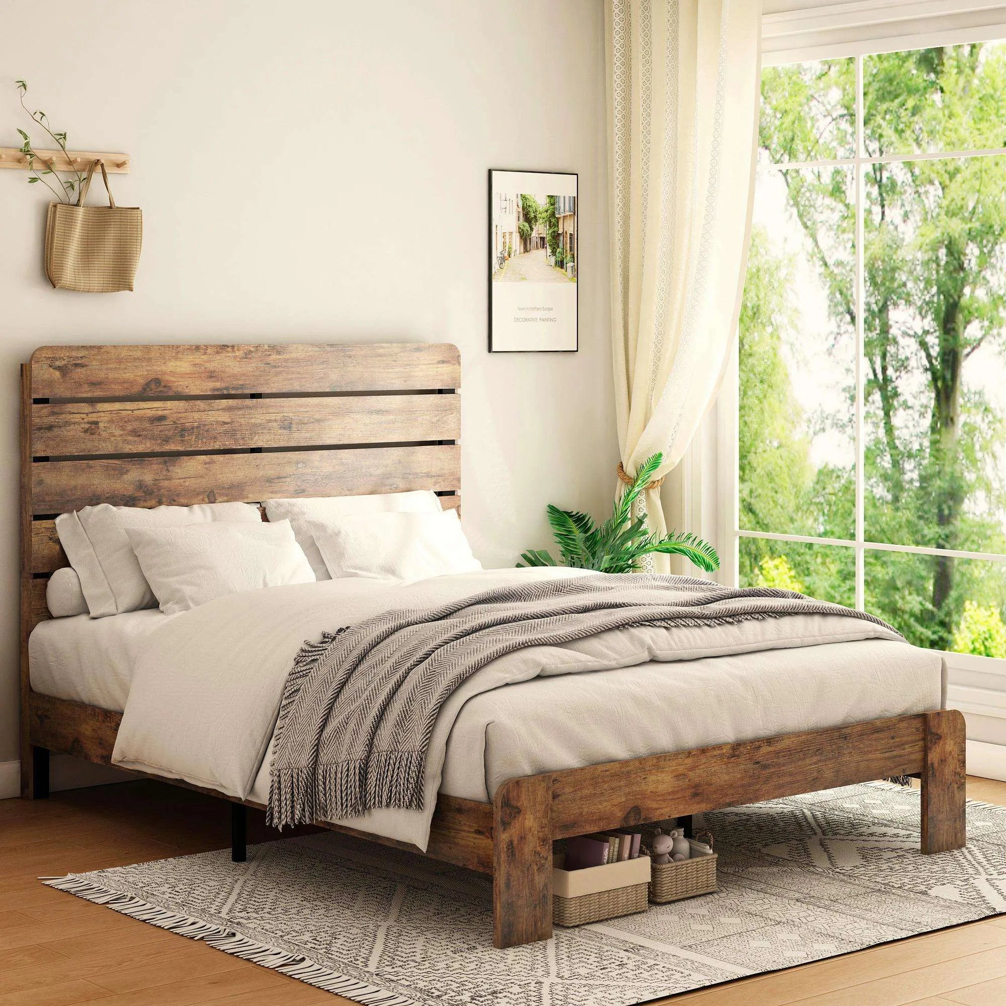 Wooden Full Size Bed Frame with Headboard, Noise Free, Vintage Brown