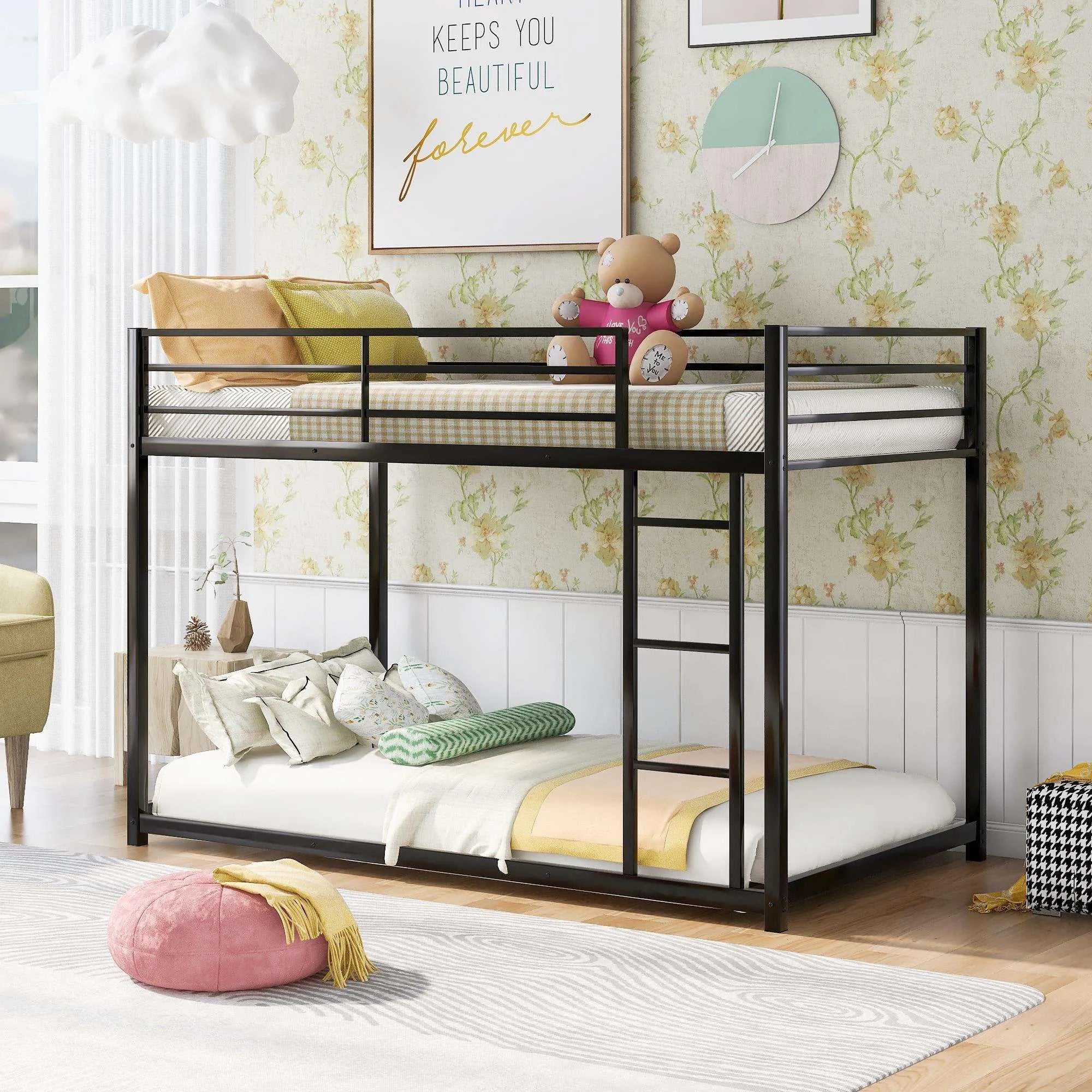 Twin Metal Bunk Bed with Ladder, Low Design, Sturdy Steel, Black