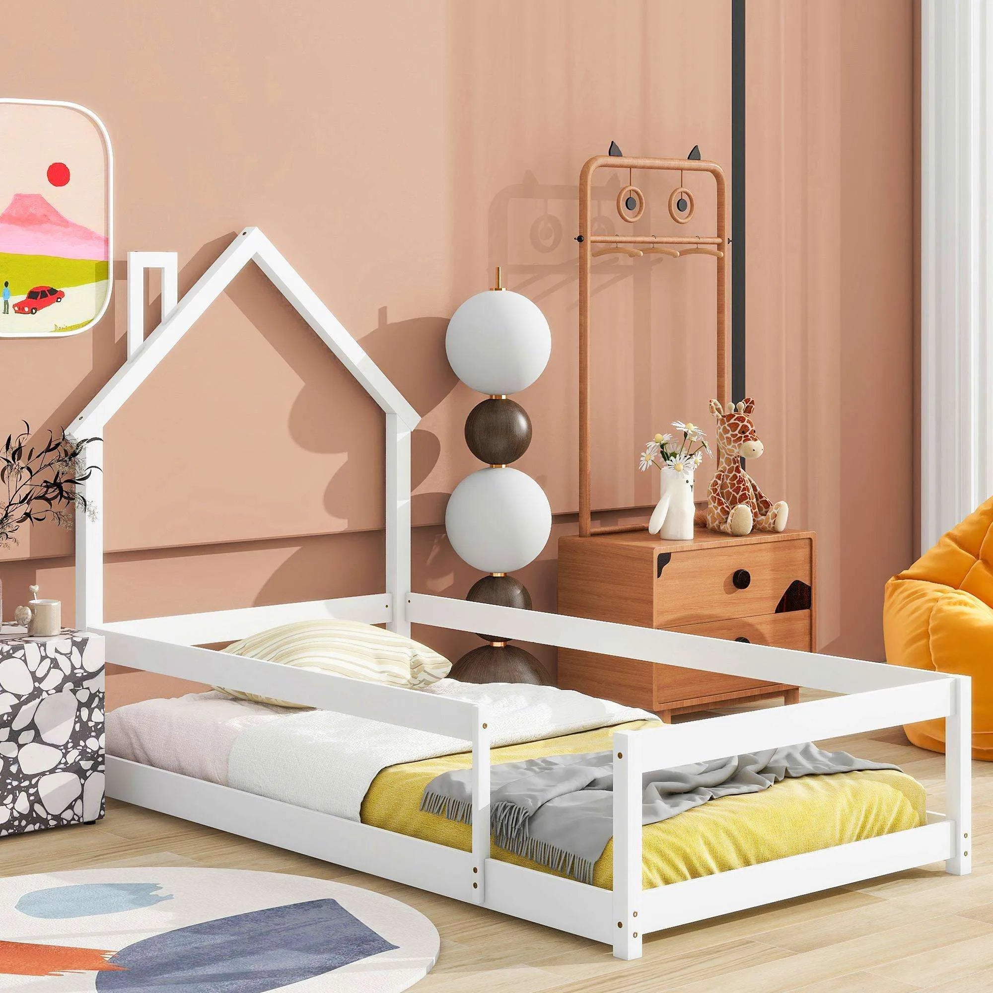 Blinddarm Twin Size Bed Frame Wood Bed with House-shaped Headboard, Floor Bed with Fences, White